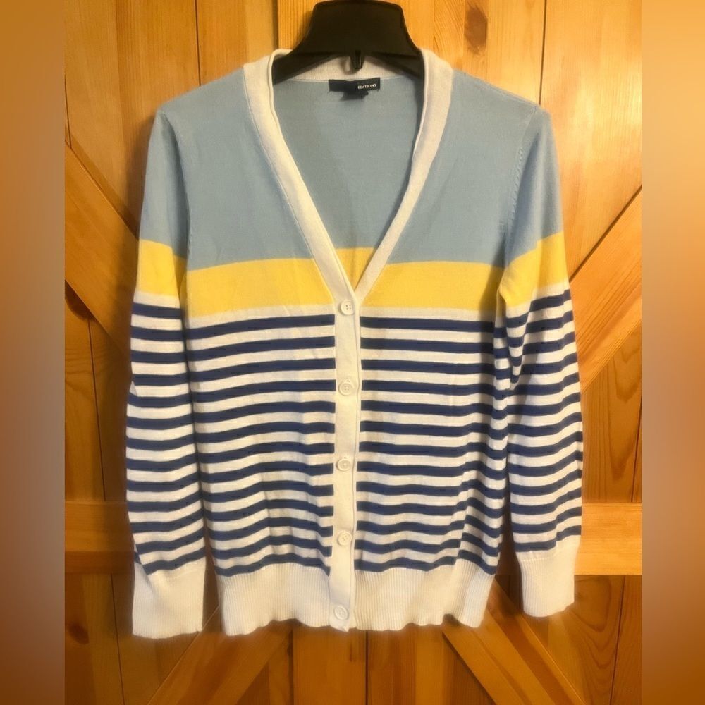 BASIC EDITIONS Blue/yellow/White striped v-neck cardigan sweater size M